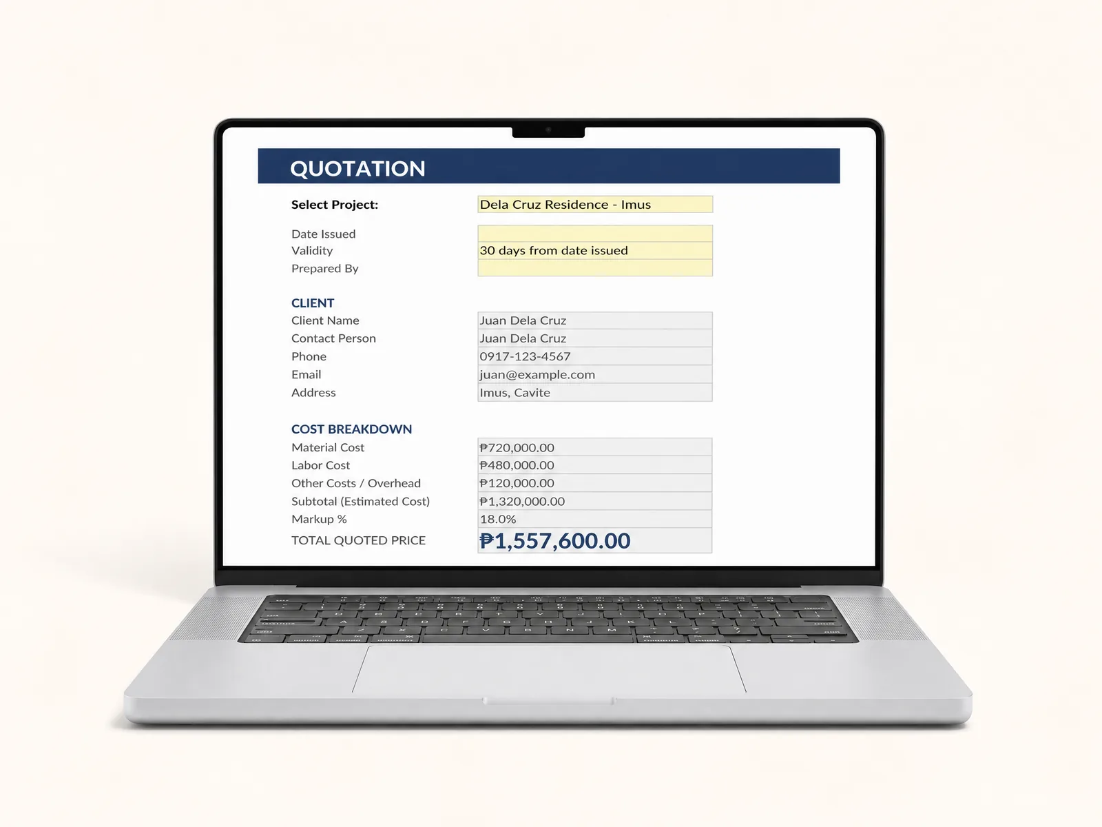BuildBook Quotation tab generating a client-ready quote automatically from the Costing tab