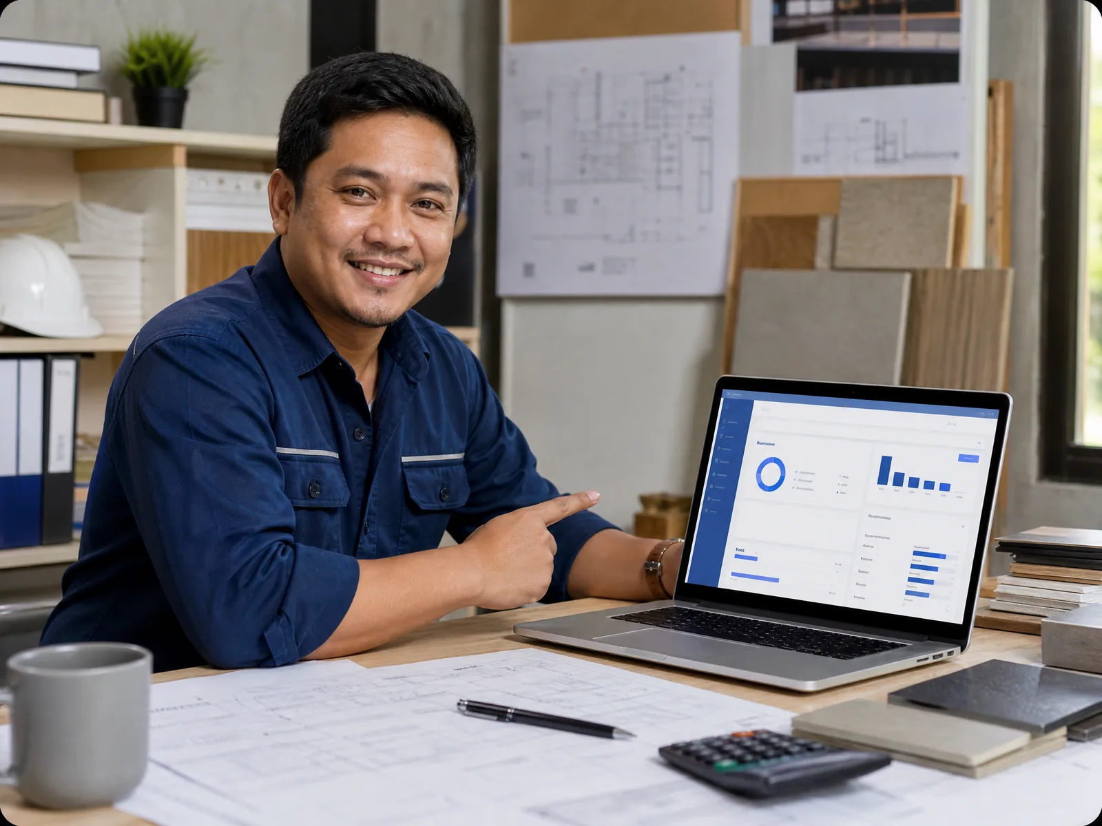 Construction contractor reviewing BuildBook on a laptop at a planning desk