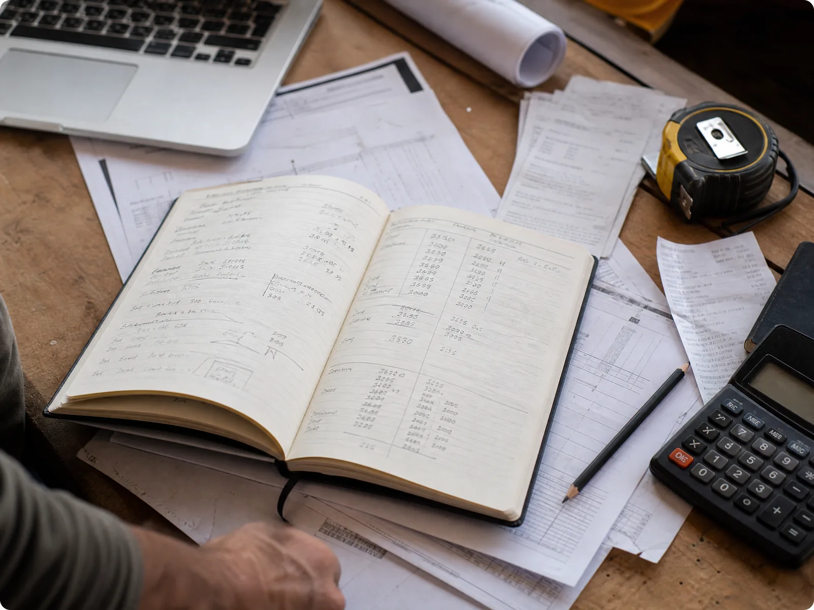 Contractor notebook, receipts, calculator, and project papers on a work desk